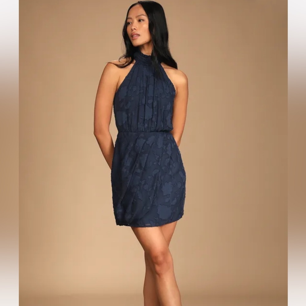 Lulus Chic Demeanor Navy Blue Floral Jacquard Halter Mini Dress